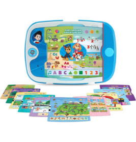 Blaues PAW Patrol Lern-Tablet mit bunten Karten, die Buchstaben, Zahlen und Motive der Serie zeigen.