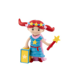 Spielfigur eines Mädchens mit roten Zöpfen, blauem Kleid, Stern-Zauberstab und einer Kiste mit Stern.