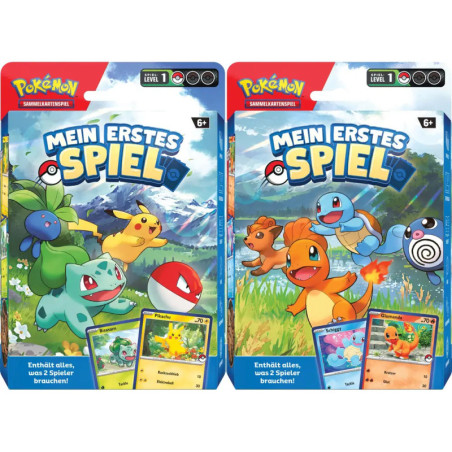 Zwei Pokémon-Kartenspielboxen mit Bulbasaur, Pikachu, Glumanda und weiteren Pokémon auf einer grünen Wiesenlandschaft.