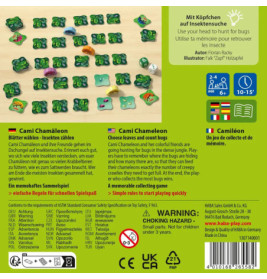 Rückseite der Cami Chameleon-Box mit Spielmaterial, Beschreibung und Sicherheitshinweisen.