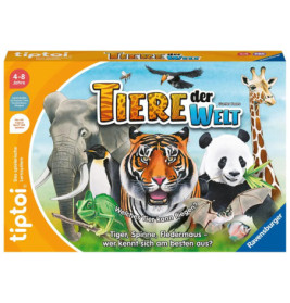 Spieleschachtel Tiere der Welt mit Abbildungen von Tiger, Elefant, Panda und Adler.