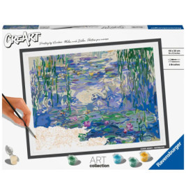 Malset nach Zahlen mit Monets Seerosen, eine Hand bemalt gerade die untere linke Ecke.