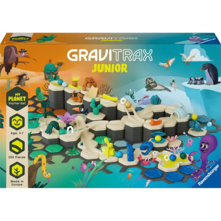 GraviTrax Junior My Planet Starter Set mit Tiermotiven und sichtbaren Murmelbahn-Elementen auf der Verpackung.