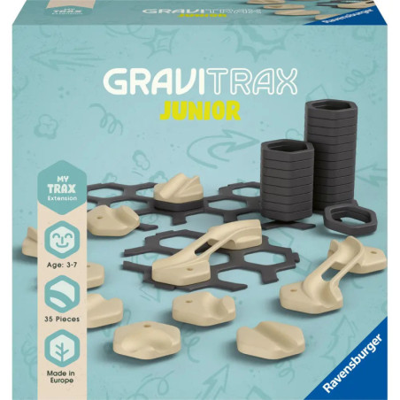 GraviTrax Junior Erweiterungsset mit beigen und grauen Schienenteilen auf der Verpackung abgebildet.