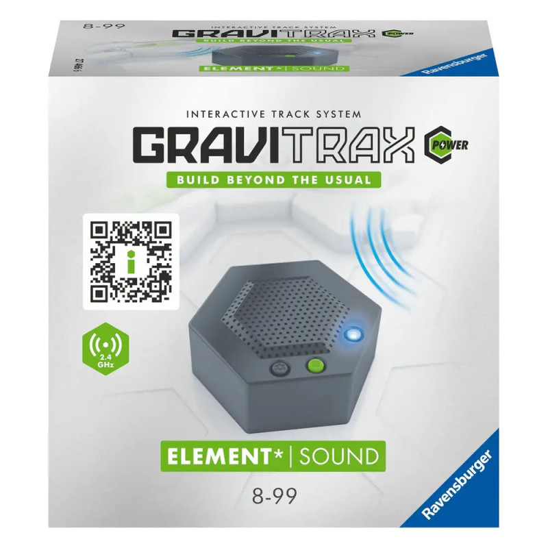 GraviTrax Power Element Sound Box: Schwarzes Gerät mit QR-Code und Produktlogo. GraviTrax Power Element Sound Box: Schwarzes Gerät mit QR-Code und Produktlogo.