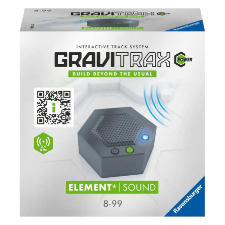 GraviTrax Power Element Sound Box: Schwarzes Gerät mit QR-Code und Produktlogo.