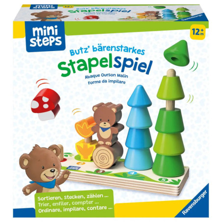 Stapelspielzeug-Box: Bär, Bäume, bunte Formen für Kinder ab 12 Monaten. Stapelspielzeug-Box: Bär, Bäume, bunte Formen für Kinder ab 12 Monaten.