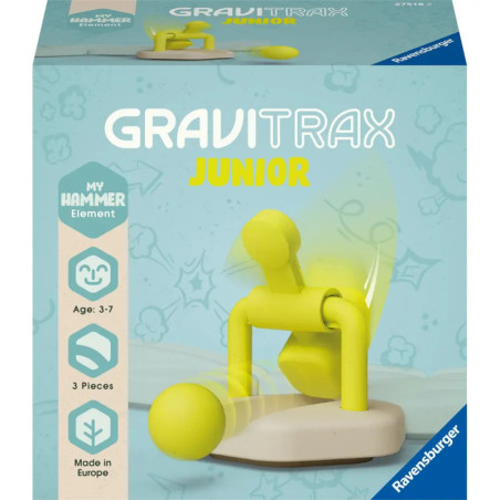 Gravitrax Junior Hammer: Spielzeugbox mit gelbem Hammer und Infos, geeignet für Kinder von 3 bis 7 Jahren.