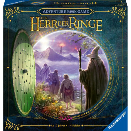 Box des Der Herr der Ringe Brettspiels mit Hobbits, die auf einen Vulkan und eine grüne Tür zugehen.