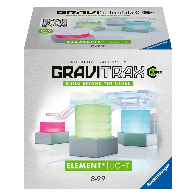 GraviTrax Power Element Light Box mit leuchtenden Schienenteilen und Ravensburger-Logo.