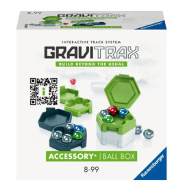 Gravitrax Ball Box Zubehörverpackung mit Metallkugeln und grünen Aufbewahrungsboxen auf der Vorderseite.