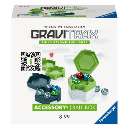 Gravitrax Ball Box Zubehörverpackung mit Metallkugeln und grünen Aufbewahrungsboxen auf der Vorderseite.