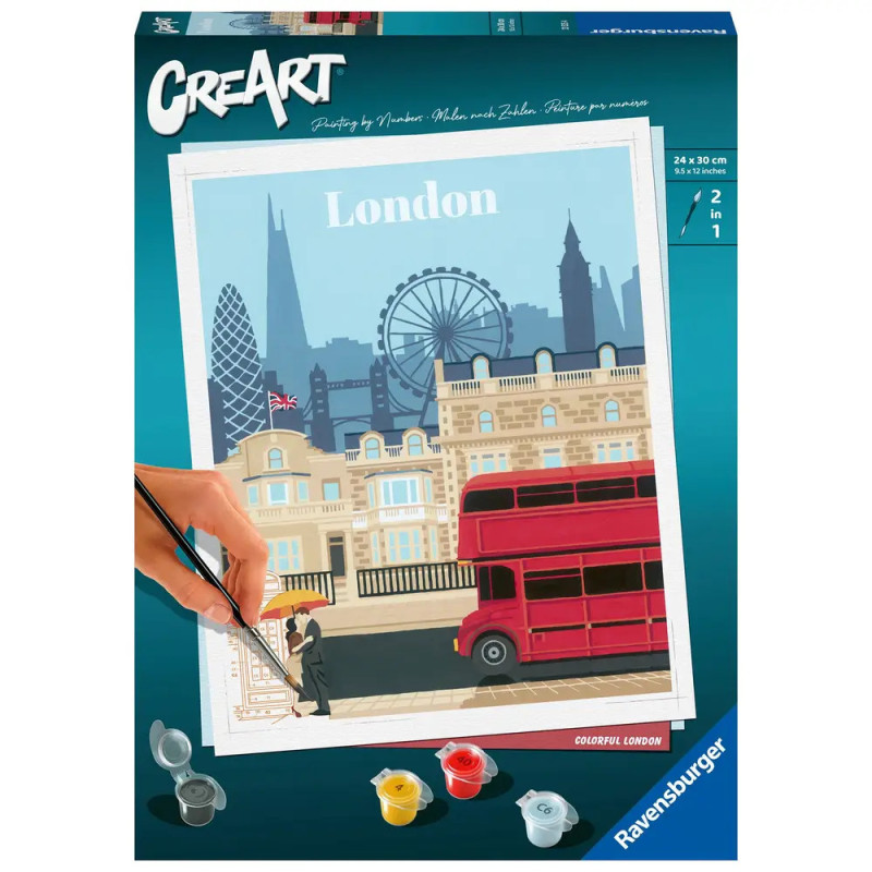 Malset-Box mit London-Motiv: roter Bus, Gebäude und London Eye sind auf der Verpackung abgebildet.