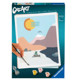 Malset-Schachtel mit einer ruhigen Landschaft: Berge, Wasser und Sonne in leuchtenden Farben.