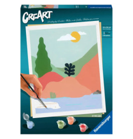 Eine Hand malt auf einer CreArt Malen-nach-Zahlen-Box eine bunte Landschaft mit Hügeln, Wasser und Bäumen.