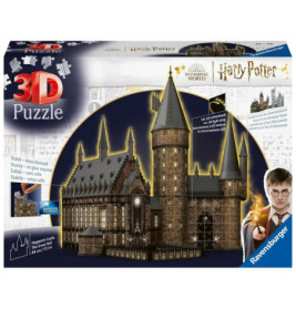 3D-Puzzlebox von Schloss Hogwarts aus Harry Potter mit aufgebautem Modell und Filmmarkenzeichen.