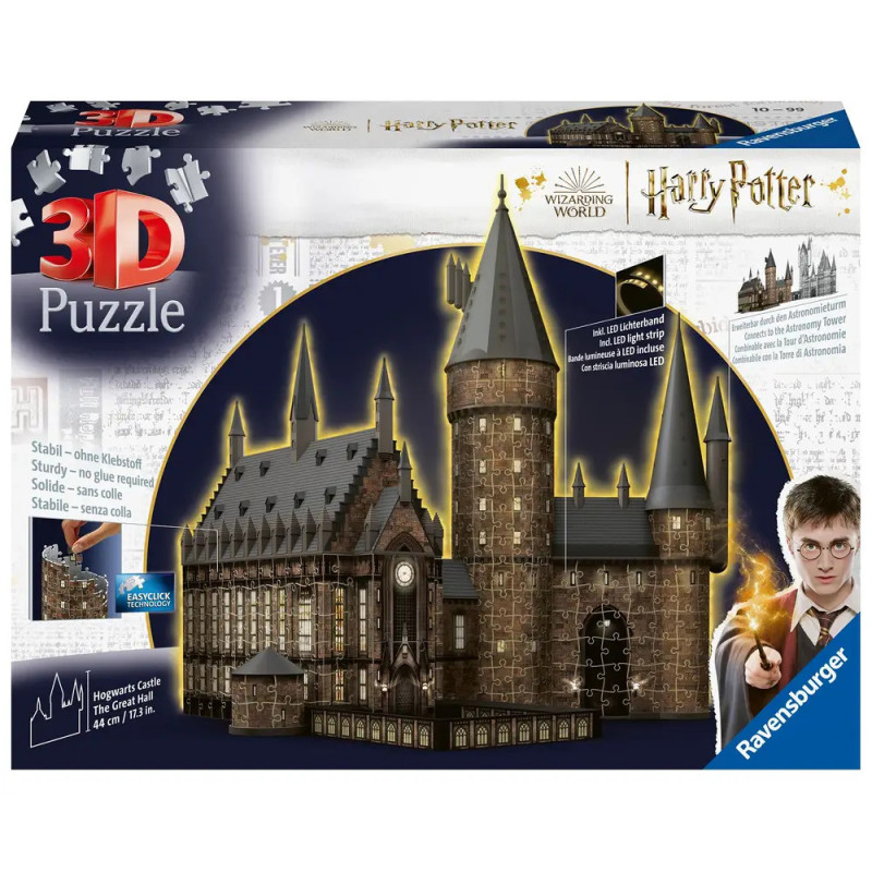 3D-Puzzlebox von Schloss Hogwarts aus Harry Potter mit aufgebautem Modell und Filmmarkenzeichen.