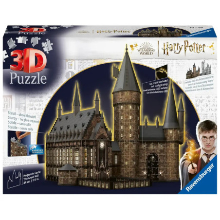 3D-Puzzlebox von Schloss Hogwarts aus Harry Potter mit aufgebautem Modell und Filmmarkenzeichen.
