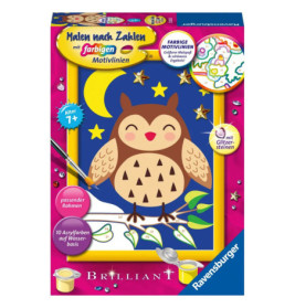 Ravensburger Malen nach Zahlen mit Eule, Sternen und Mond auf der Box geeignet ab 7 Jahren.