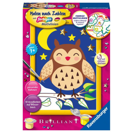 Ravensburger Malen nach Zahlen mit Eule, Sternen und Mond auf der Box geeignet ab 7 Jahren.