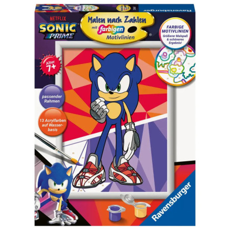 Sonic Prime Malen-nach-Zahlen-Set mit Sonic auf dem Cover, farbigem Hintergrund und sichtbaren Malutensilien.