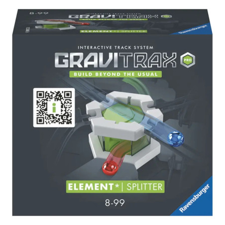 GraviTrax Splitter-Box mit abgebildetem Spielelement und roten sowie blauen Murmeln auf der Vorderseite.