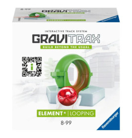 GraviTrax Looping Element Box mit roter Kugel im grünen Looping, empfohlen für Kinder von 8 bis 99 Jahren.
