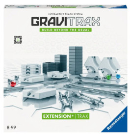 GraviTrax Erweiterung Trax Set: Verpackung mit abgebildeten Schienen, Murmeln und Zubehör auf der Vorderseite.