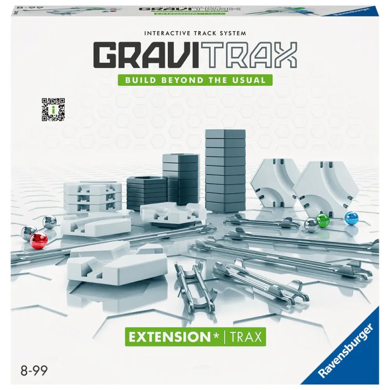 GraviTrax Erweiterung Trax Set: Verpackung mit abgebildeten Schienen, Murmeln und Zubehör auf der Vorderseite. GraviTrax Erweiterung Trax Set: Verpackung mit abgebildeten Schienen, Murmeln und Zubehör auf der Vorderseite.