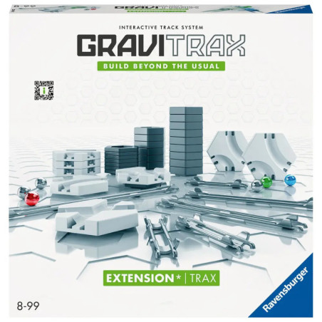 GraviTrax Erweiterung Trax Set: Verpackung mit abgebildeten Schienen, Murmeln und Zubehör auf der Vorderseite.