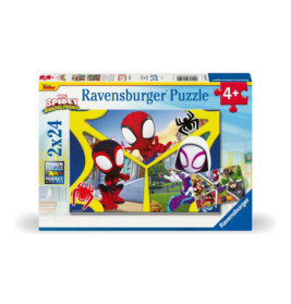 Ravensburger Puzzle mit Spidey-Figuren, ab 4 Jahren geeignet, enthält zwei 24-teilige Puzzles.