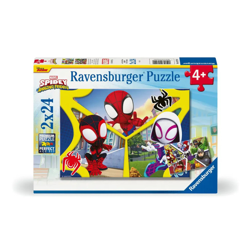 Ravensburger Puzzle mit Spidey-Figuren, ab 4 Jahren geeignet, enthält zwei 24-teilige Puzzles.