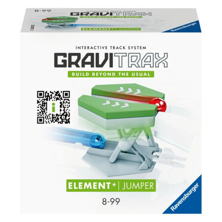 GraviTrax Jumper Spielbox von Ravensburger mit grünem Element, geeignet für Kinder von 8 bis 99 Jahren.