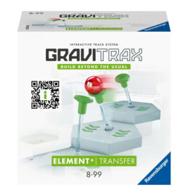 GraviTrax Element Transfer Box mit Spielzeug, roter Kugel und grünen Hebeln auf weißem Hintergrund.