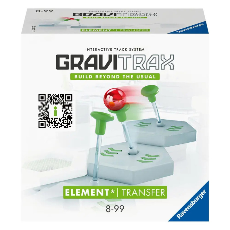 GraviTrax Element Transfer Box mit Spielzeug, roter Kugel und grünen Hebeln auf weißem Hintergrund.