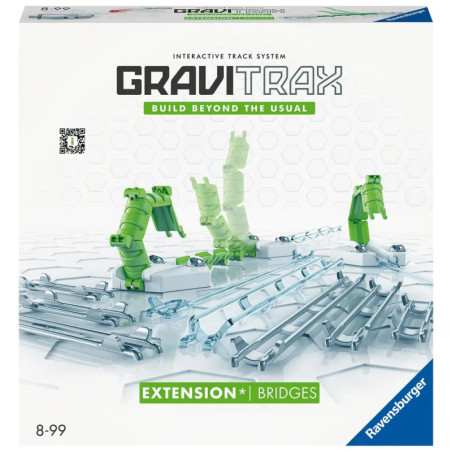 GraviTrax Bridges Erweiterungsset: Box zeigt grüne Brücken- und Streckenteile auf der Vorderseite.