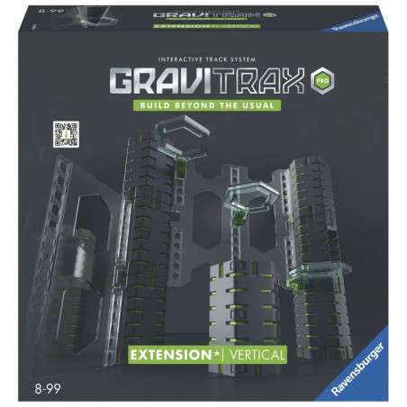 GraviTrax Pro Vertical Extension Set mit hohen Schienen-Türmen und Bauteilen, geeignet für Kinder ab 8 Jahren.