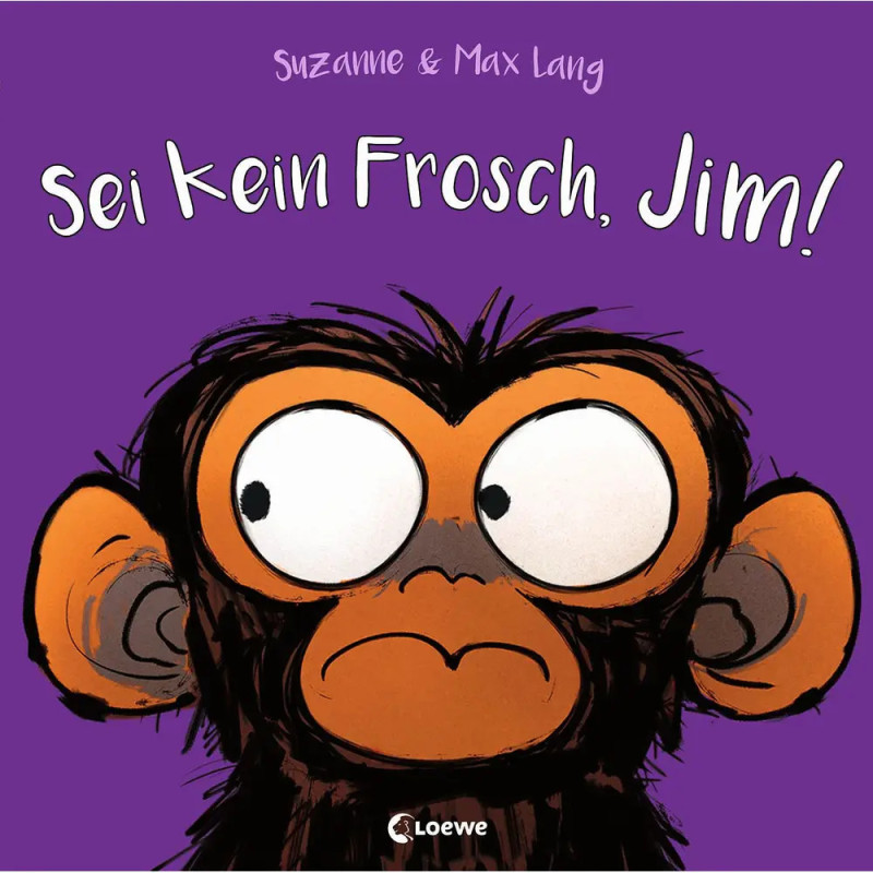 Illustration eines affig dreinblickenden Affen auf lila Hintergrund mit dem deutschen Text Sei kein Frosch, Jim!. Illustration eines affig dreinblickenden Affen auf lila Hintergrund mit dem deutschen Text Sei kein Frosch, Jim!.