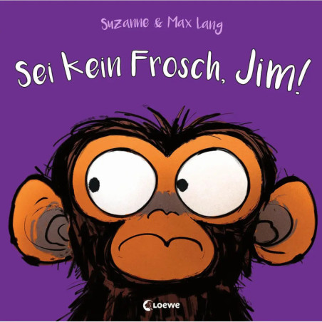 Illustration eines affig dreinblickenden Affen auf lila Hintergrund mit dem deutschen Text Sei kein Frosch, Jim!. Illustration eines affig dreinblickenden Affen auf lila Hintergrund mit dem deutschen Text Sei kein Frosch, Jim!.