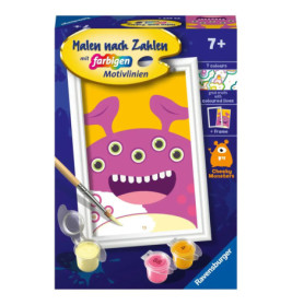 Malen-nach-Zahlen-Set mit rosa, fünfäugigem Monster und Farbtöpfen auf dem Schachteldeckel.