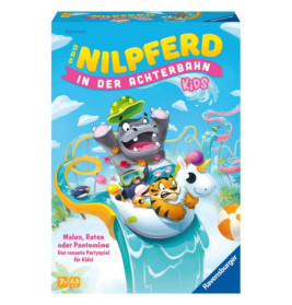 Bunte Spieleschachtel mit Cartoon-Tieren auf einer Achterbahn, Titel: Nilpferd in der Achterbahn Kids.