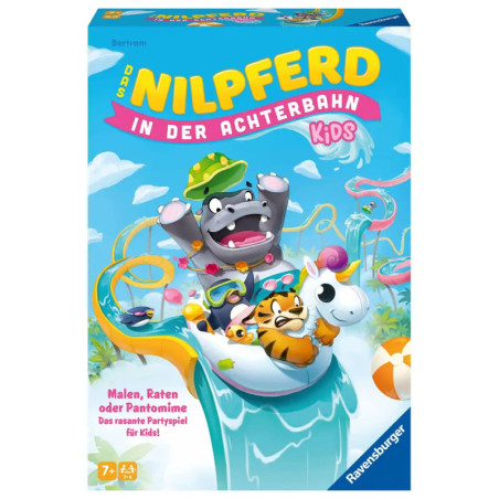 Bunte Spieleschachtel mit Cartoon-Tieren auf einer Achterbahn, Titel: Nilpferd in der Achterbahn Kids. Bunte Spieleschachtel mit Cartoon-Tieren auf einer Achterbahn, Titel: Nilpferd in der Achterbahn Kids.