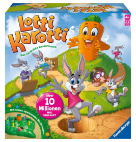 Das Lotti Karotti-Spielcover zeigt Comic-Kaninchen, die auf eine große, lachende Karotte zurennen.