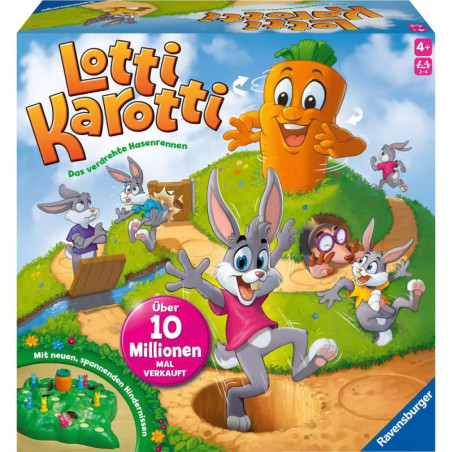 Das Lotti Karotti-Spielcover zeigt Comic-Kaninchen, die auf eine große, lachende Karotte zurennen. Das Lotti Karotti-Spielcover zeigt Comic-Kaninchen, die auf eine große, lachende Karotte zurennen.