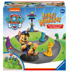 Paw Patrol Lotti Karotti Spielbox mit Chase sowie bunten Hunde- und Katzen-Spielsteinen.