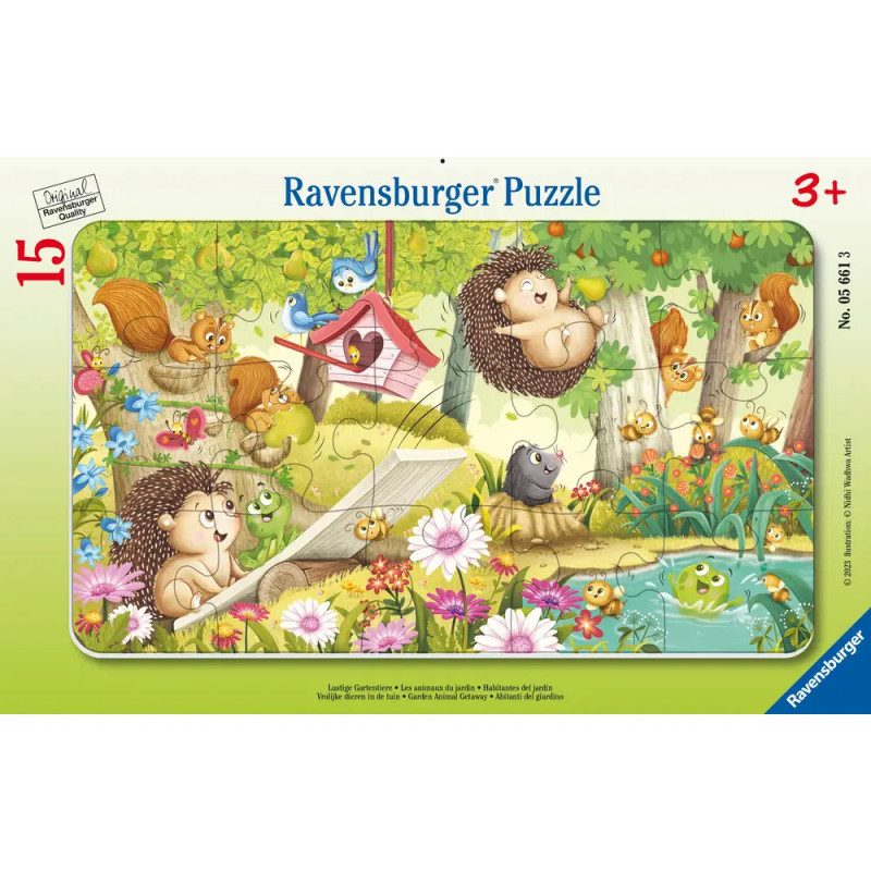 Bunte Puzzle-Illustration mit Tieren im Garten: Igel, Eichhörnchen, Frösche und Schildkröte.