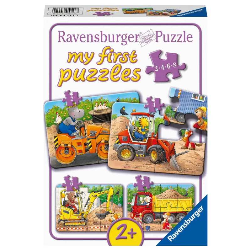 Ravensburger Puzzlebox für Kinder ab 2 Jahren mit Tiercharakteren, die Baumaschinen bedienen.