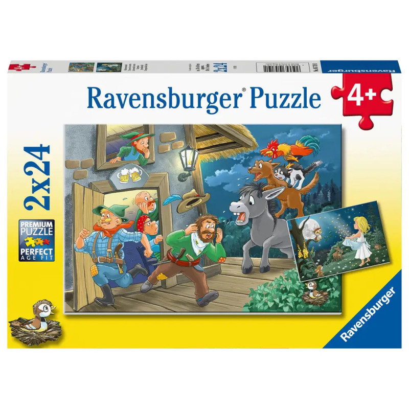 Ravensburger 2x24 Teile Puzzle mit Märchenfiguren und Tieren, die nachts aus einem Haus laufen. Ravensburger 2x24 Teile Puzzle mit Märchenfiguren und Tieren, die nachts aus einem Haus laufen.