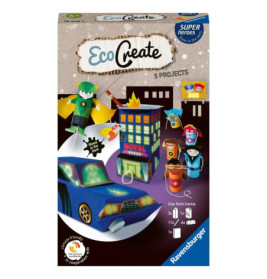 EcoCreate Bastelset: Superhelden, blaues Auto und Hotel-Motive für 5 kreative Projekte abgebildet.