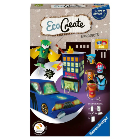 EcoCreate Bastelset: Superhelden, blaues Auto und Hotel-Motive für 5 kreative Projekte abgebildet.